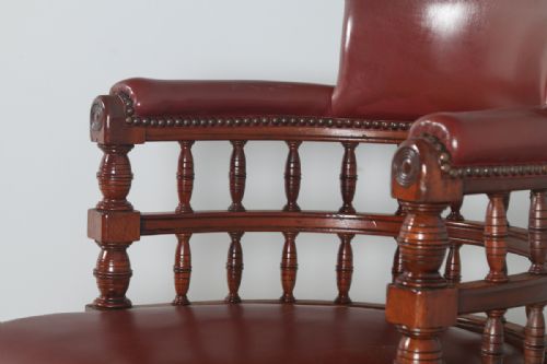 fig 7. Antique English Victorian Walnut Burgundy Red Leather Office Desk Arm Chair (Circa 1880)
