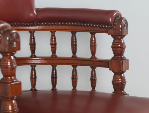 fig 8. Antique English Victorian Walnut Burgundy Red Leather Office Desk Arm Chair (Circa 1880)