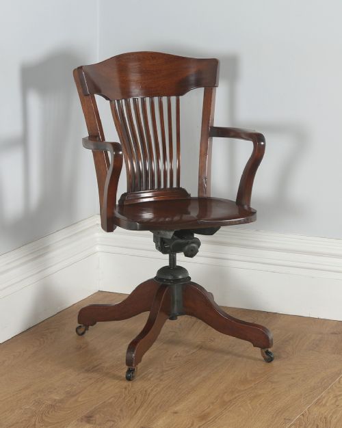 Antique English Edwardian Mahogany Revolving Office Desk Arm Chair (Circa 1900)
