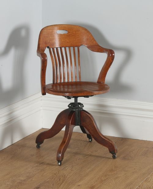 Antique Edwardian Oak Revolving Swivel Office Desk Arm Chair (Circa 1900)