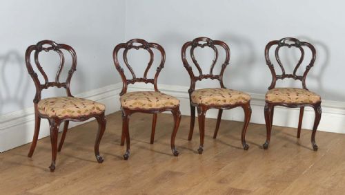 Antique English Victorian Set of Four Walnut Dining / Salon Chairs (Circa 1860)
