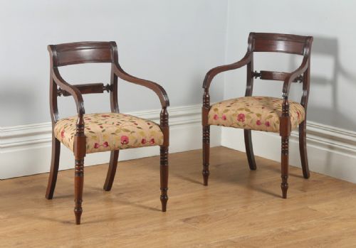 Antique English Pair of Georgian Sheraton Regency Mahogany Library Office Desk Carver Arm Side Chairs (Circa 1820)