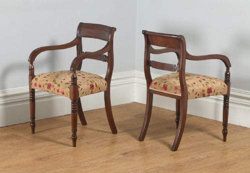 fig 1. Antique English Pair of Georgian Sheraton Regency Mahogany Library Office Desk Carver Arm Side Chairs (Circa 1820)