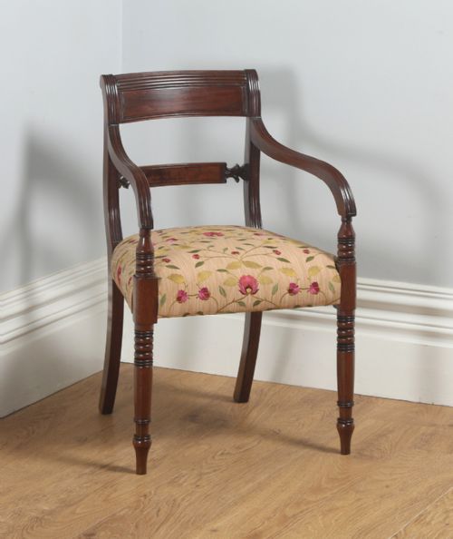 fig 6. Antique English Pair of Georgian Sheraton Regency Mahogany Library Office Desk Carver Arm Side Chairs (Circa 1820)