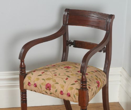 fig 7. Antique English Pair of Georgian Sheraton Regency Mahogany Library Office Desk Carver Arm Side Chairs (Circa 1820)