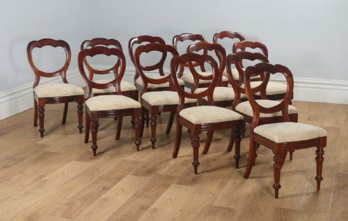 Antique English Victorian Set of 12 Twelve Mahogany Balloon / Crown Back Dining Chairs (Circa 1860)