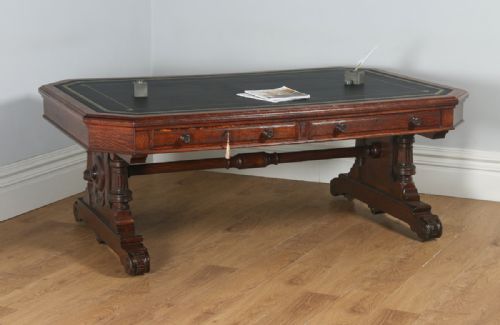 Antique English Victorian 6ft 6” Oak & Leather Partners Library Table Desk by Lamb of Manchester (Circa 1850)