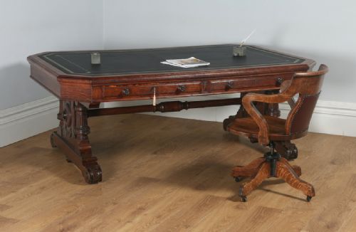 fig 1. Antique English Victorian 6ft 6” Oak & Leather Partners Library Table Desk by Lamb of Manchester (Circa 1850)