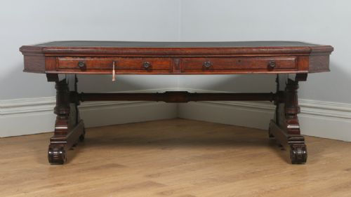fig 2. Antique English Victorian 6ft 6” Oak & Leather Partners Library Table Desk by Lamb of Manchester (Circa 1850)