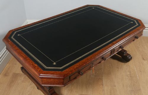 fig 3. Antique English Victorian 6ft 6” Oak & Leather Partners Library Table Desk by Lamb of Manchester (Circa 1850)
