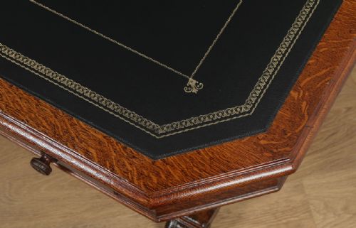 fig 4. Antique English Victorian 6ft 6” Oak & Leather Partners Library Table Desk by Lamb of Manchester (Circa 1850)