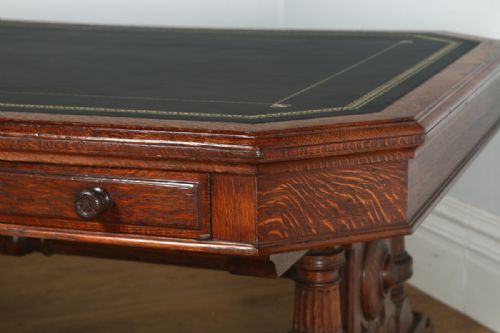 fig 5. Antique English Victorian 6ft 6” Oak & Leather Partners Library Table Desk by Lamb of Manchester (Circa 1850)