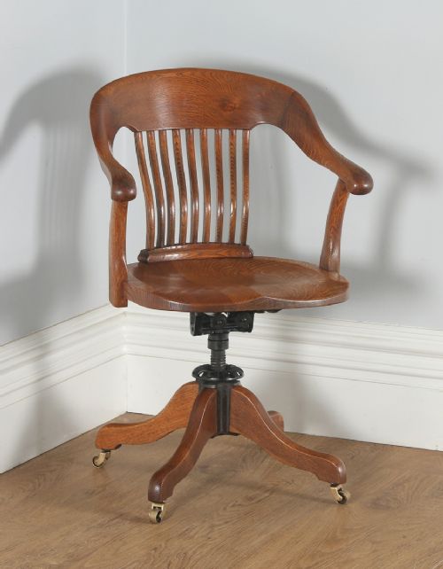 Antique Edwardian Oak Revolving Swivel Office Desk Arm Chair (Circa 1910)
