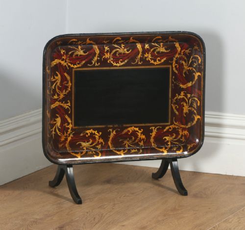 Antique English Georgian Regency Papier Mache Ebonised Gilt Folding Drinks Tray on Stand  (Circa 1830 - 1840)