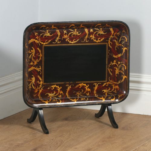 fig 1. Antique English Georgian Regency Papier Mache Ebonised Gilt Folding Drinks Tray On Stand (Circa 1830 - 1840)