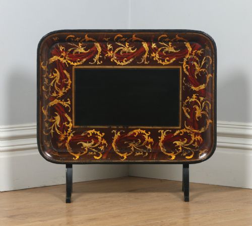 fig 2. Antique English Georgian Regency Papier Mache Ebonised Gilt Folding Drinks Tray On Stand (Circa 1830 - 1840)
