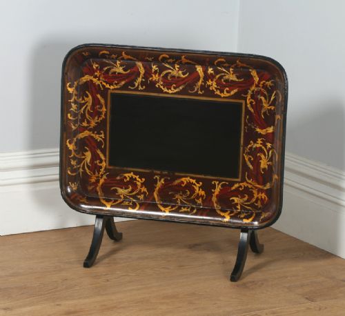 fig 3. Antique English Georgian Regency Papier Mache Ebonised Gilt Folding Drinks Tray On Stand (Circa 1830 - 1840)