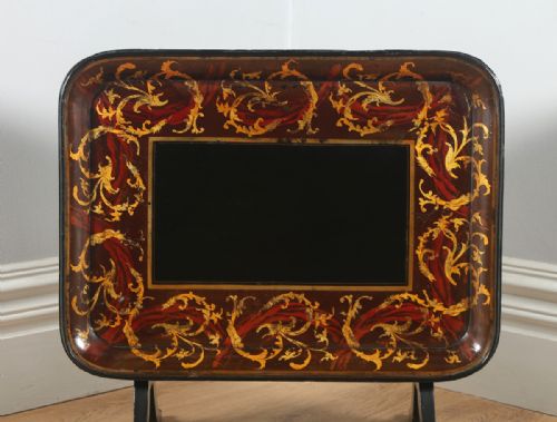 fig 4. Antique English Georgian Regency Papier Mache Ebonised Gilt Folding Drinks Tray On Stand (Circa 1830 - 1840)