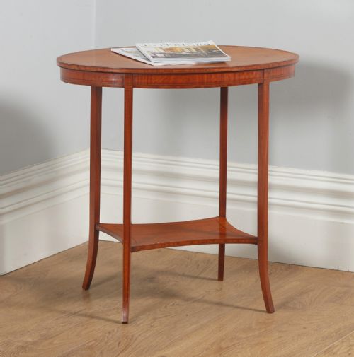 Antique English Edwardian Sheraton Style Satinwood & Marquetry Oval Occasional Centre Side Table (Circa 1905)
