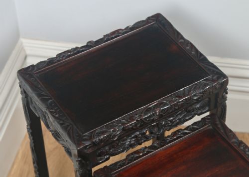 fig 1. Antique Chinese Oriental Qing Dynasty Set of Three Carved Hardwood Nest of Tables (Circa 1900)