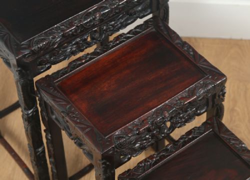 fig 2. Antique Chinese Oriental Qing Dynasty Set of Three Carved Hardwood Nest of Tables (Circa 1900)