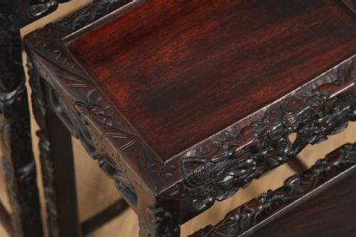 fig 3. Antique Chinese Oriental Qing Dynasty Set of Three Carved Hardwood Nest of Tables (Circa 1900)