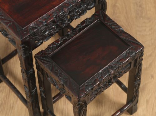 fig 4. Antique Chinese Oriental Qing Dynasty Set of Three Carved Hardwood Nest of Tables (Circa 1900)