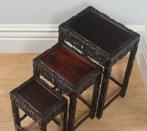 fig 5. Antique Chinese Oriental Qing Dynasty Set of Three Carved Hardwood Nest of Tables (Circa 1900)