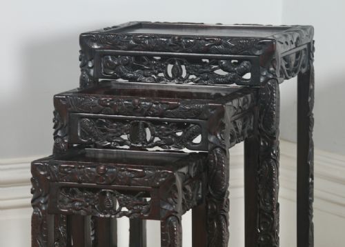 fig 6. Antique Chinese Oriental Qing Dynasty Set of Three Carved Hardwood Nest of Tables (Circa 1900)