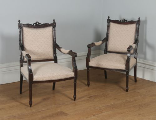 Antique French Pair of Louis XVI Style Walnut Salon Occasional Armchairs (Circa 1880)

