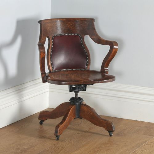 Antique Edwardian Oak & Leather Revolving Swivel Office Desk Arm Chair (Circa 1905)

