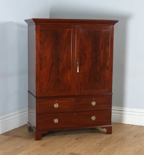 Antique English Georgian Flame Mahogany Linen Press Wardrobe Cupboard (Circa 1810)