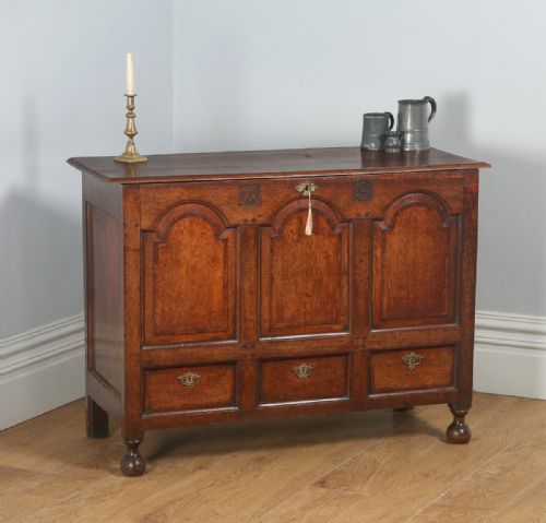 Antique English Georgian Panelled Oak Marriage Mule Chest / Blanket Box with Drawers (Circa 1730)
