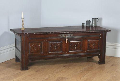 Antique French Breton Chestnut & Brass Inlaid Joined Coffer Chest / Coffer (Circa 1800)