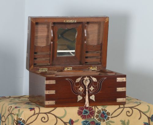 Antique Victorian Anglo Indian Colonial Campaign Teak & Brass Inlaid Writing / Jewellery / Sewing Box (Circa 1880