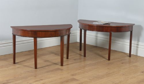Antique English Pair of Georgian Mahogany Demilune Demi Lune Console Side Hall Tables (Circa 1790)