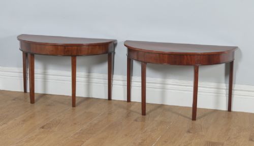 fig 1. Antique English Pair of Georgian Mahogany Demilune Demi Lune Console Side Hall Tables (Circa 1790)