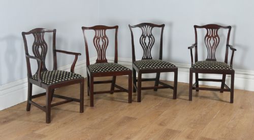 Antique English Set of Four Georgian Chippendale Style Mahogany Dining Arm & Side Chairs (Circa 1800)