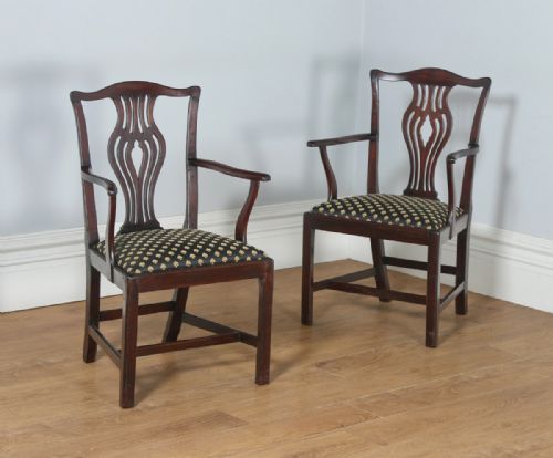 Antique English Pair of Georgian Chippendale Mahogany Office Desk Carver Arm Side Chairs (Circa 1800)