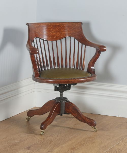 Antique English Edwardian Oak Revolving Swivel Office Desk Green Leather Arm Chair (Circa 1910)