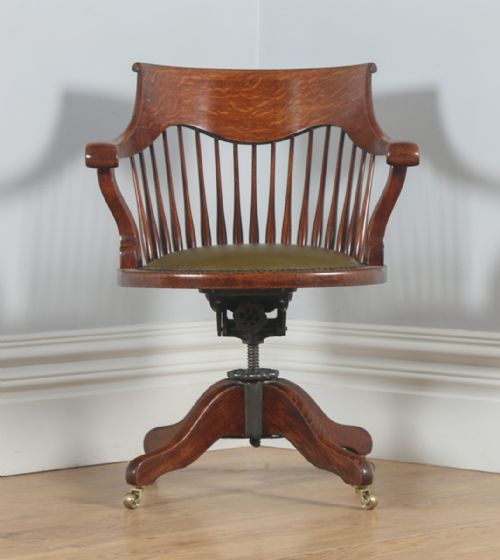 fig 1. Antique English Edwardian Oak Revolving Swivel Office Desk Green Leather Arm Chair (Circa 1910)