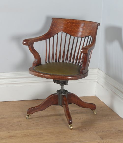 fig 2. Antique English Edwardian Oak Revolving Swivel Office Desk Green Leather Arm Chair (Circa 1910)