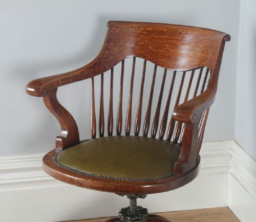 fig 3. Antique English Edwardian Oak Revolving Swivel Office Desk Green Leather Arm Chair (Circa 1910)