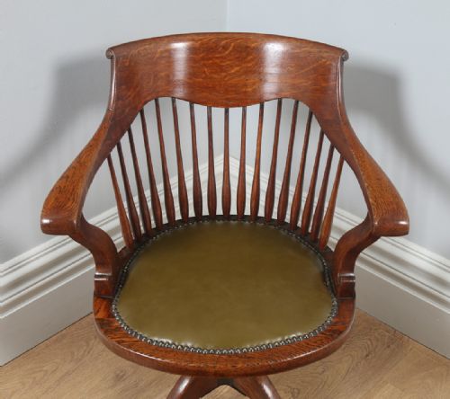 fig 4. Antique English Edwardian Oak Revolving Swivel Office Desk Green Leather Arm Chair (Circa 1910)