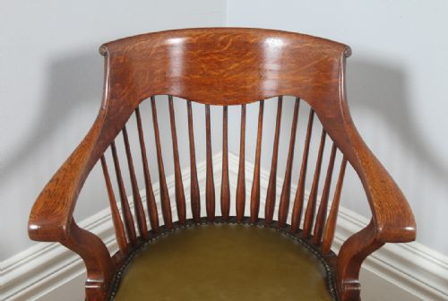 fig 5. Antique English Edwardian Oak Revolving Swivel Office Desk Green Leather Arm Chair (Circa 1910)