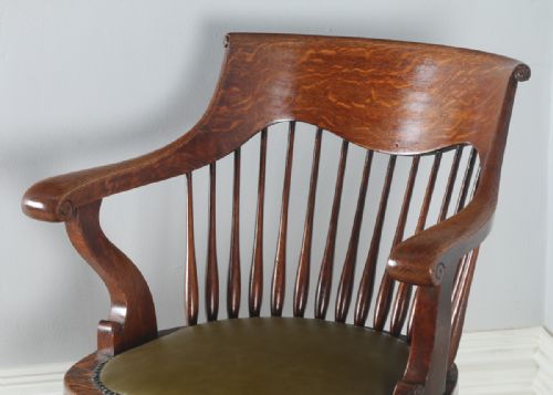 fig 6. Antique English Edwardian Oak Revolving Swivel Office Desk Green Leather Arm Chair (Circa 1910)