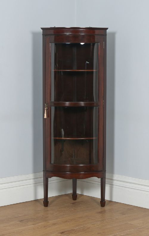 fig 1. Antique English Edwardian Mahogany Bow Front Glazed Corner Display Cabinet (Circa 1900)