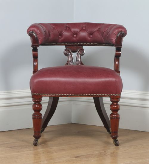 fig 1. Antique English Victorian Mahogany & Crimson Red Leather Office Desk Arm Chair (Circa 1880)