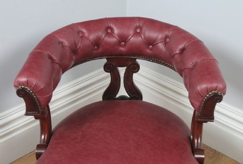 fig 4. Antique English Victorian Mahogany & Crimson Red Leather Office Desk Arm Chair (Circa 1880)