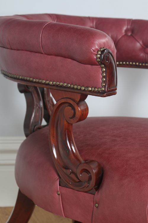 fig 5. Antique English Victorian Mahogany & Crimson Red Leather Office Desk Arm Chair (Circa 1880)